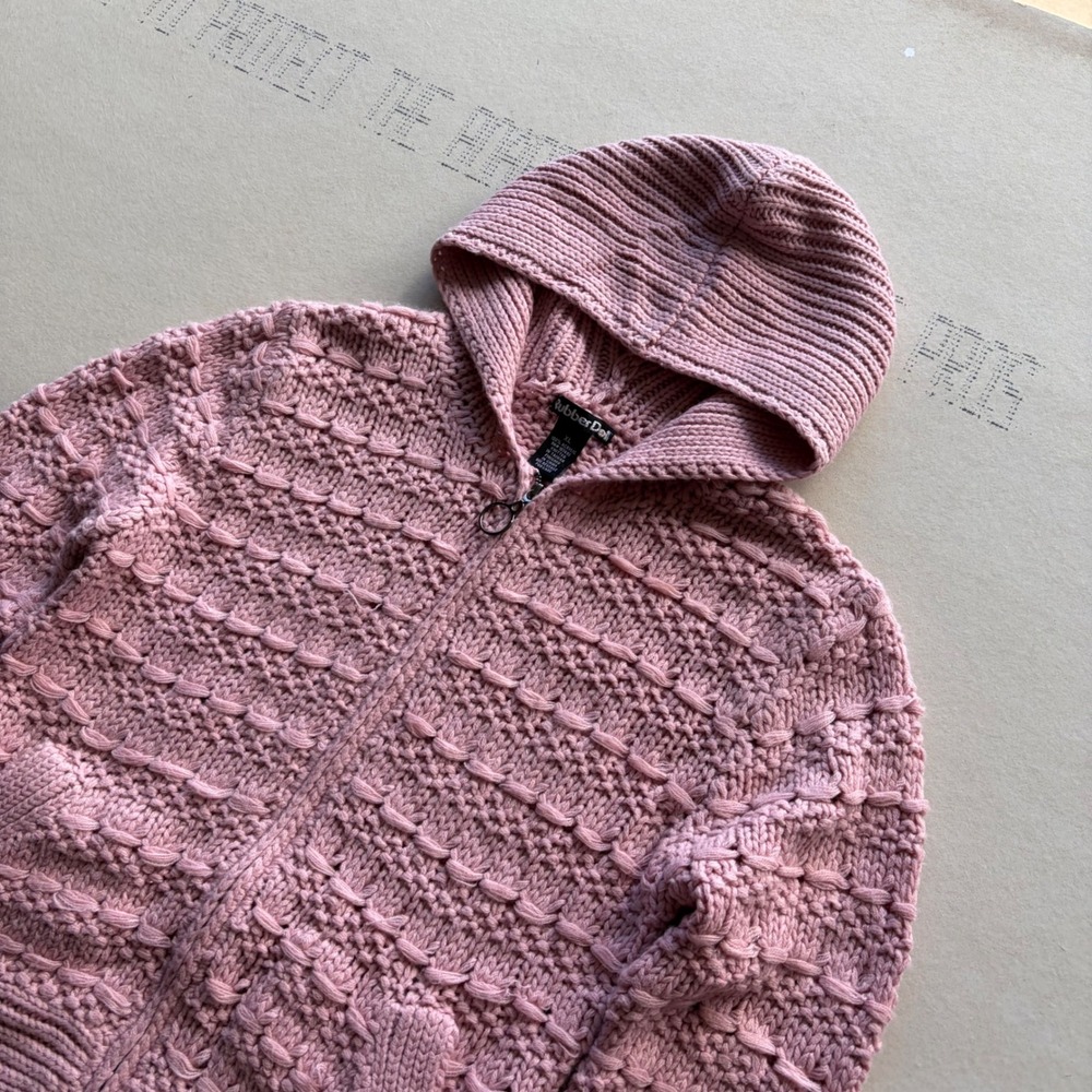 Y2K Rubber Doll Pink Chunky Knit Zip Up Hoodie Sweater